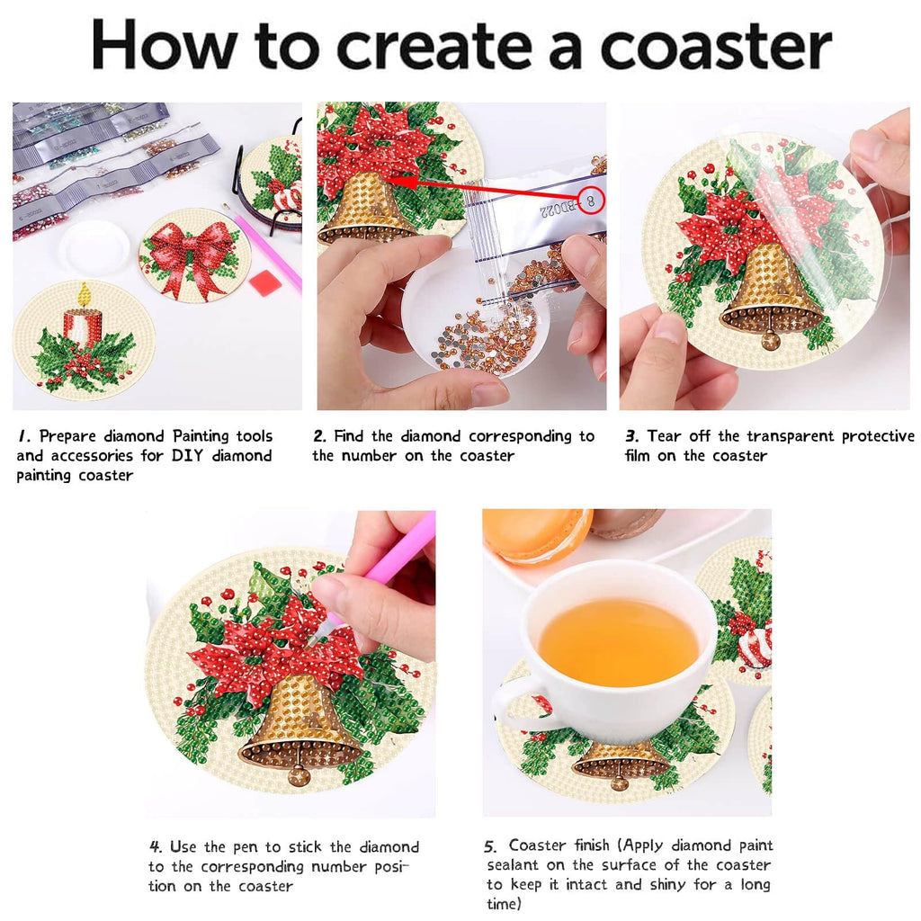 Step-by-step guide on how to create a diamond painting coaster, showing tools, diamonds, and application process.