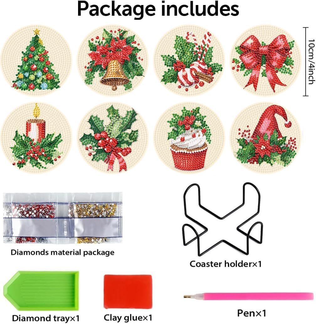 Christmas diamond painting coaster kit contents including 8 designs, diamonds, tray, glue, pen, and holder.