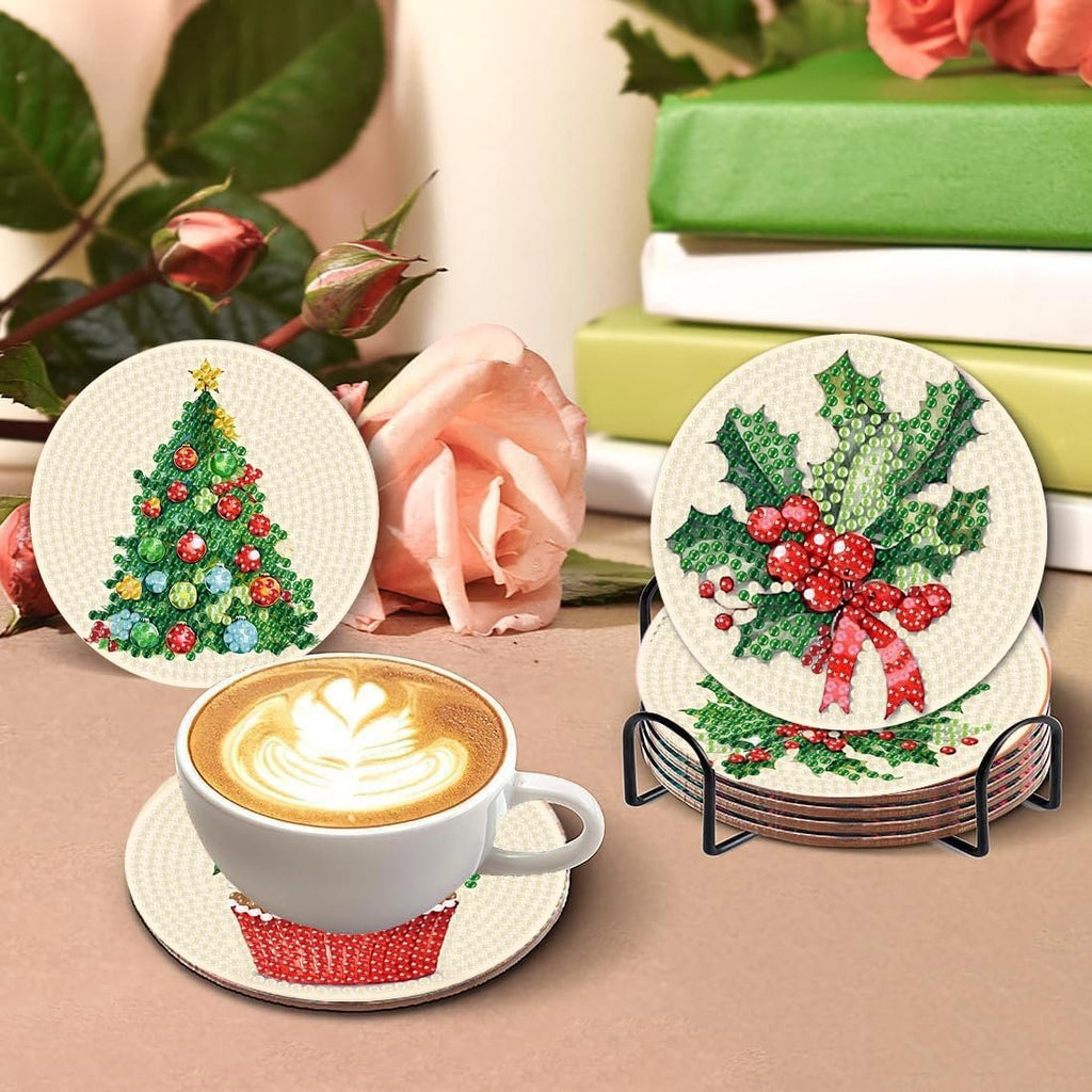 Christmas diamond painting coasters with festive designs, including a Christmas tree and holly, displayed with a coffee cup and holder.