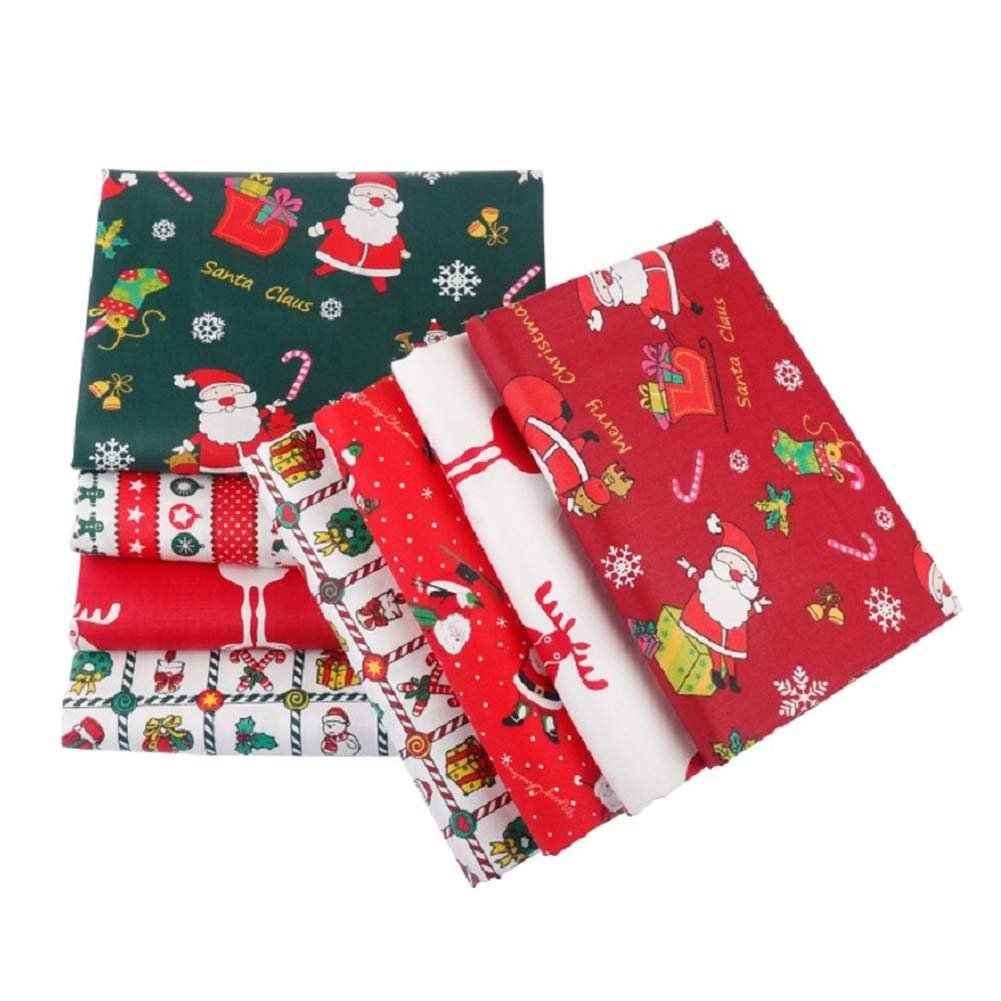 Stack of eight Christmas-themed fabric squares with Santa Claus and gift patterns