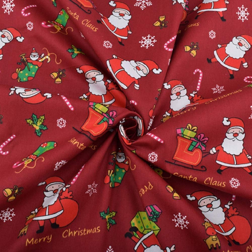 Christmas fabric squares with Santa Claus, candy canes, and snowflakes on a red background.