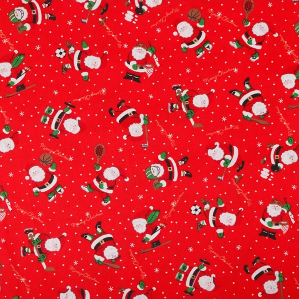 Red fabric with repeating pattern of Santas playing sports and snowflakes
