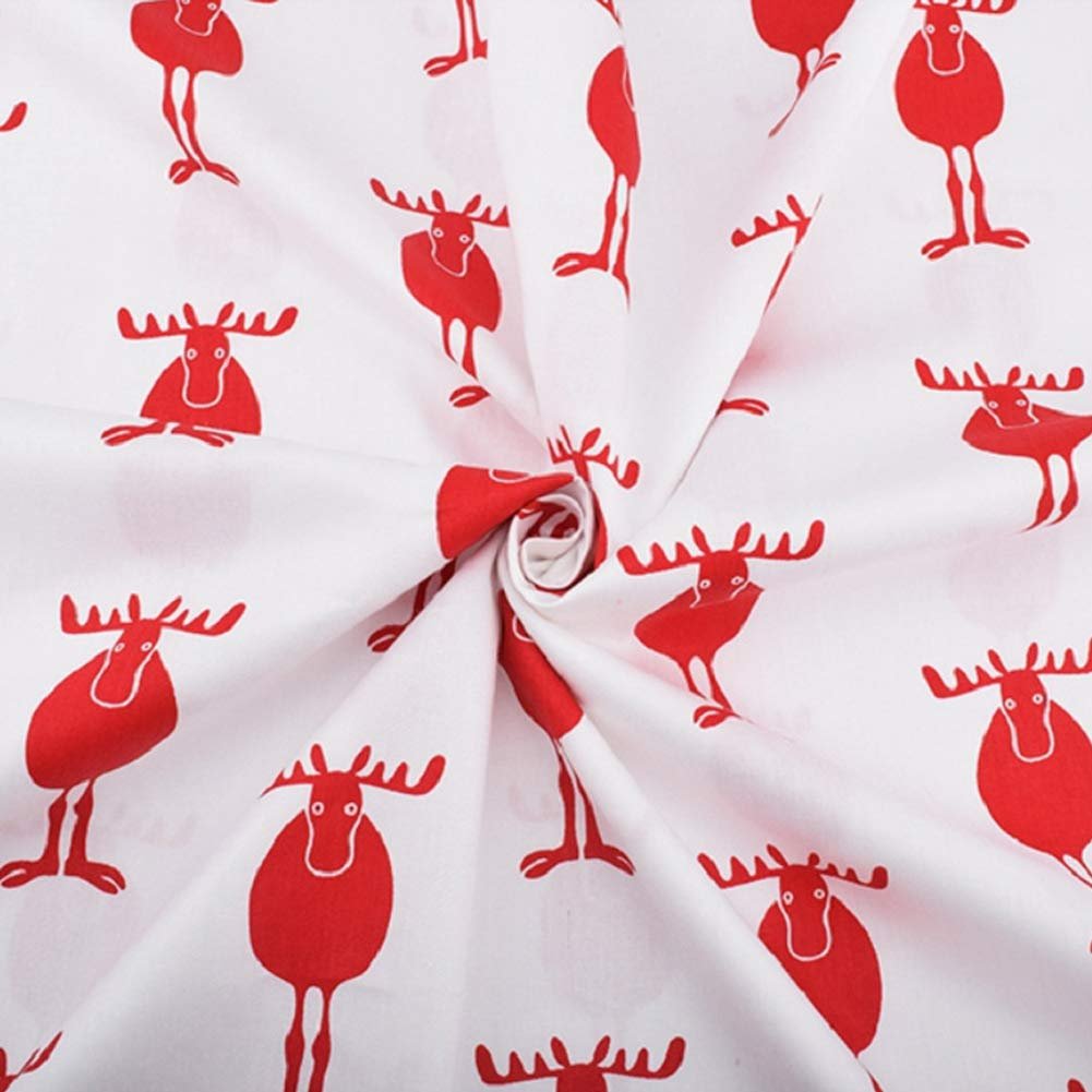 White cotton fabric squares with a repeating pattern of red moose illustrations, shown in a close-up, swirled view.