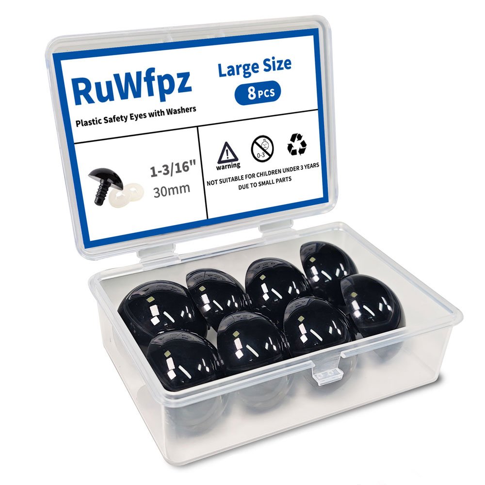 Set of 8 black plastic safety eyes with washers in a clear case, large size 30mm