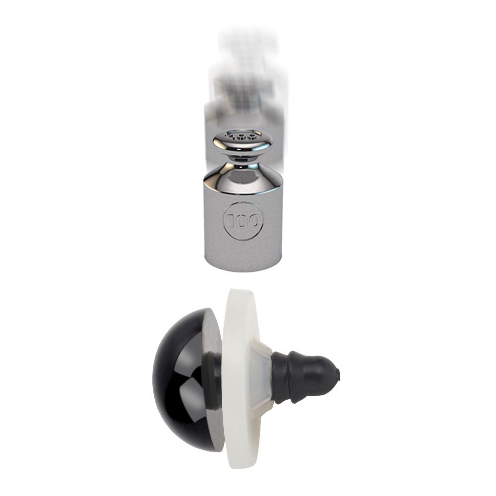 Black plastic safety eye with washer and a blurred weight on white background