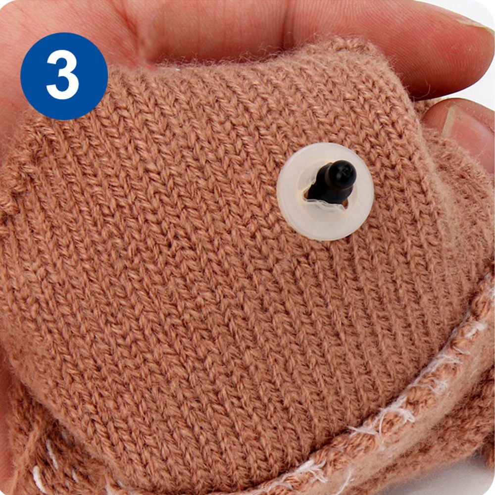 Close-up of a brown knitted fabric with a black safety eye and white washer being held by fingers. A blue circle with the number 3 is in the upper left.