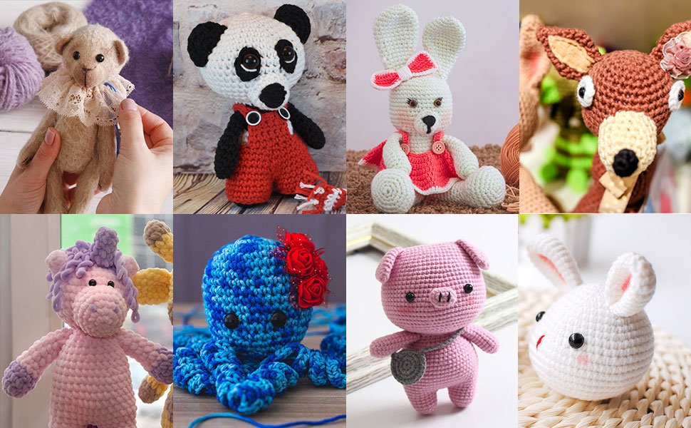 Collage of eight crocheted stuffed animals including a teddy bear, panda, bunny, deer, unicorn, octopus, pig, and a close-up of a bunny head.
