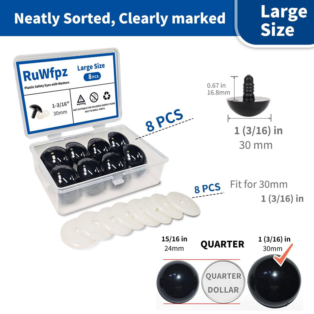 Set of 8 black plastic safety eyes with washers in a clear case, with size and warning information.