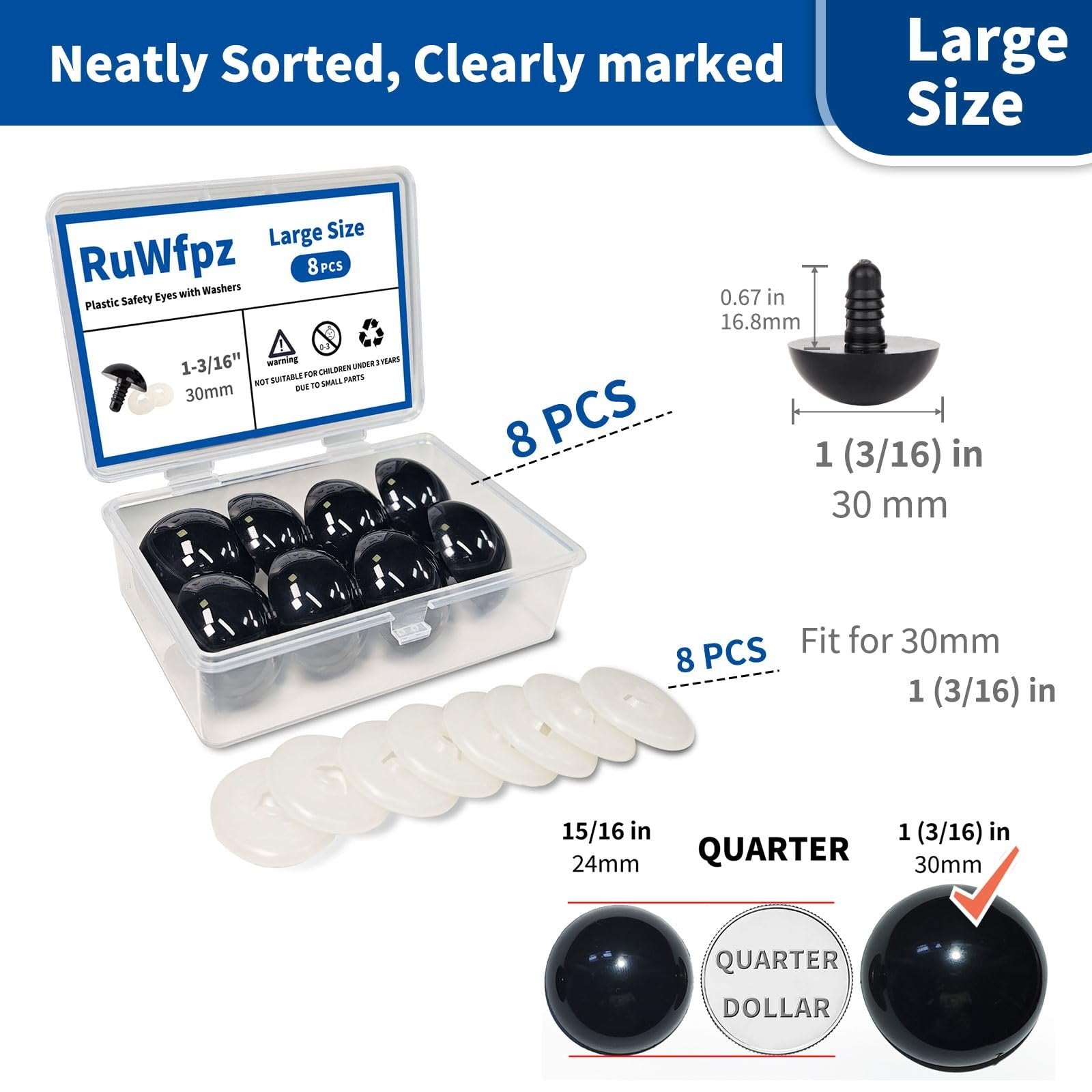 Set of 8 black plastic safety eyes with washers in a clear case, with size and warning information.
