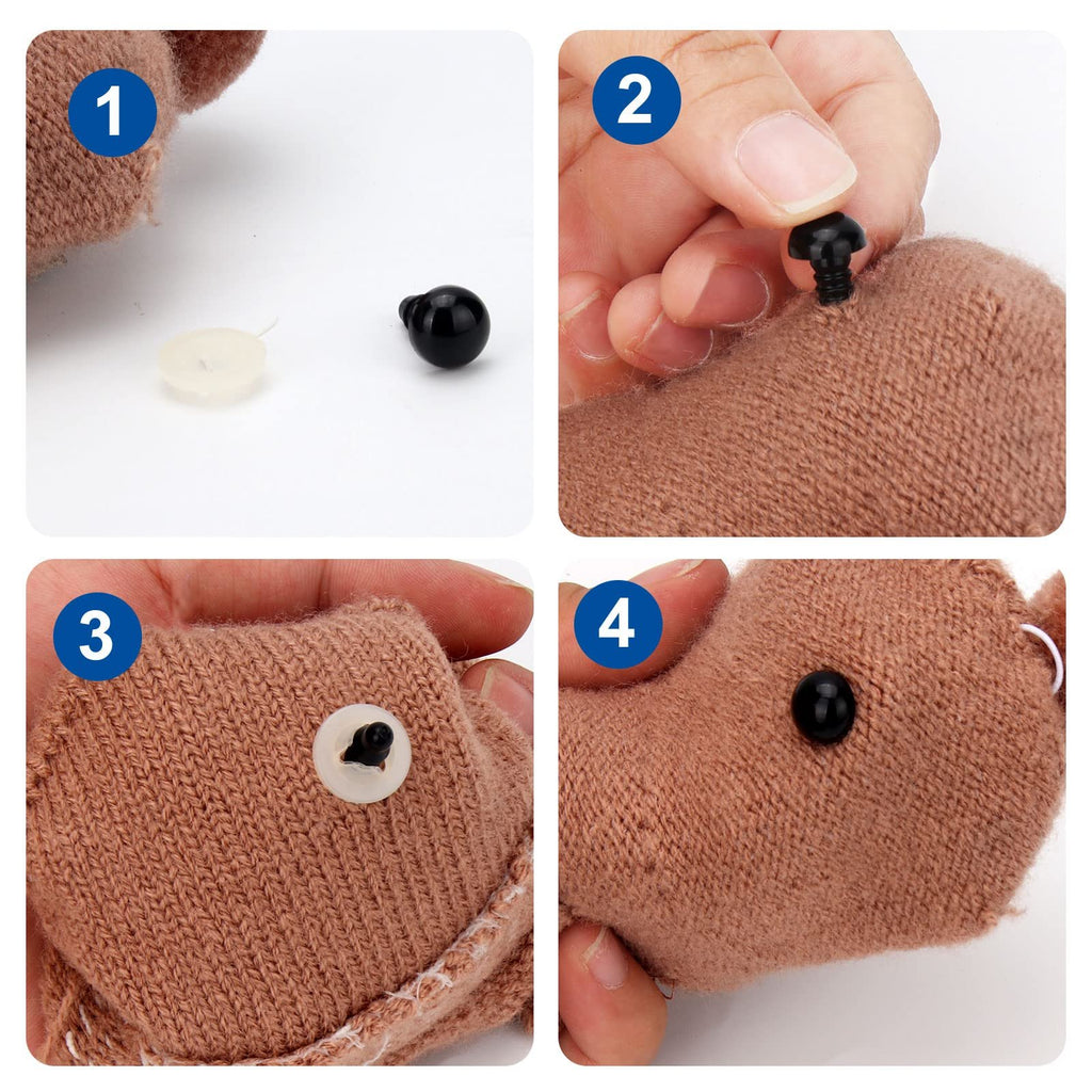 Four-panel image showing how to attach safety eyes to amigurumi. Panel 1 shows a black eye and a white washer. Panels 2-4 demonstrate inserting the eye and washer into fabric.