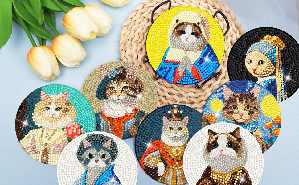 Diamond painting coasters featuring cats in historical costumes and famous portraits, arranged on a light blue surface with tulips.