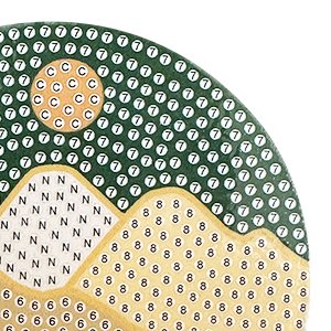 Close-up of a diamond painting coaster showing a landscape with mountains, sun, and numbered sections for diamond placement.