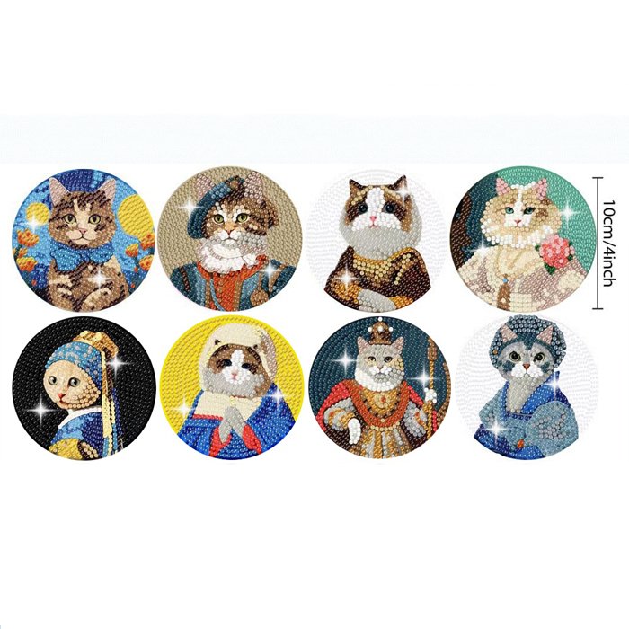 Eight circular diamond paintings of cats in historical costumes, with a size indicator on the right.