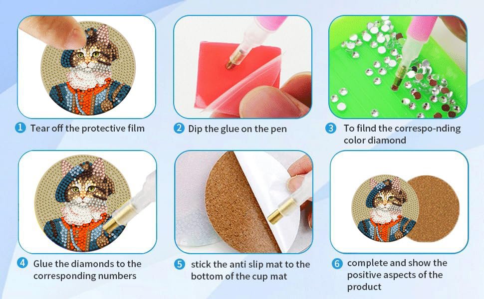 Diamond painting coaster kit instructions showing 6 steps: peeling film, dipping glue, picking diamonds, gluing diamonds, attaching cork base, and finished product.