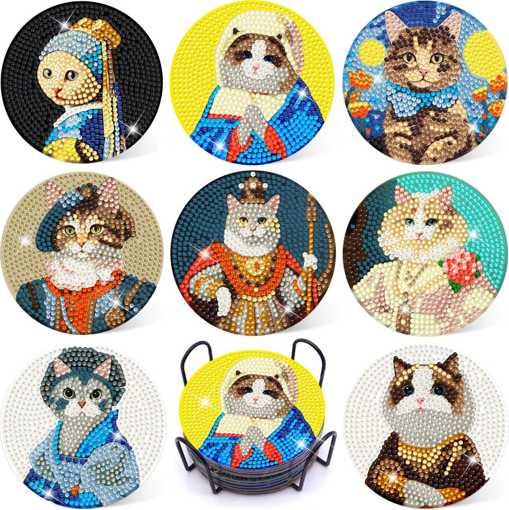 Nine diamond-painted cat coasters displayed in a grid, with one coaster holder visible at the bottom center.