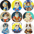 Nine diamond-painted cat coasters displayed in a grid, with one coaster holder visible at the bottom center.