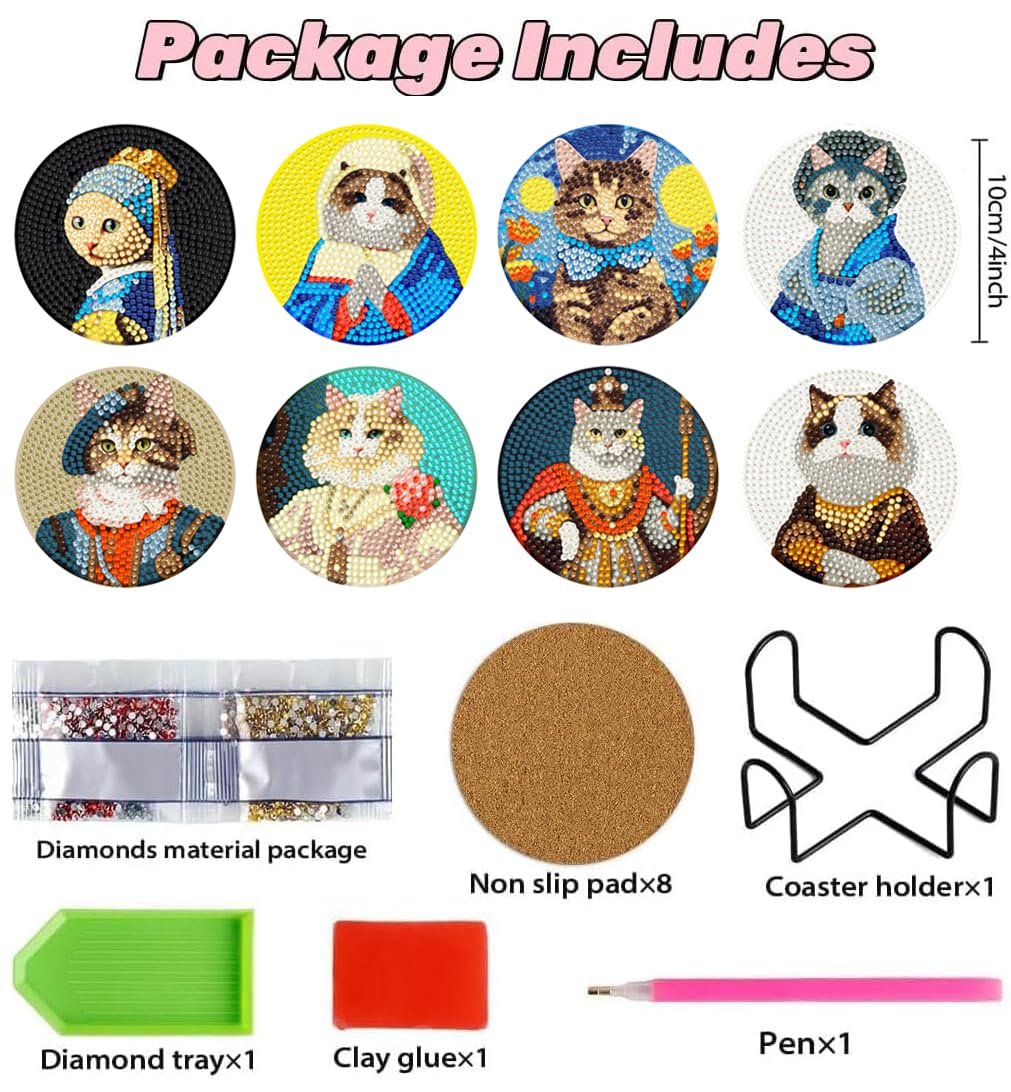 8-piece cat diamond painting coaster kit contents laid out, showing 6 finished cat designs, diamond bags, cork pads, holder, tray, glue, and pen.