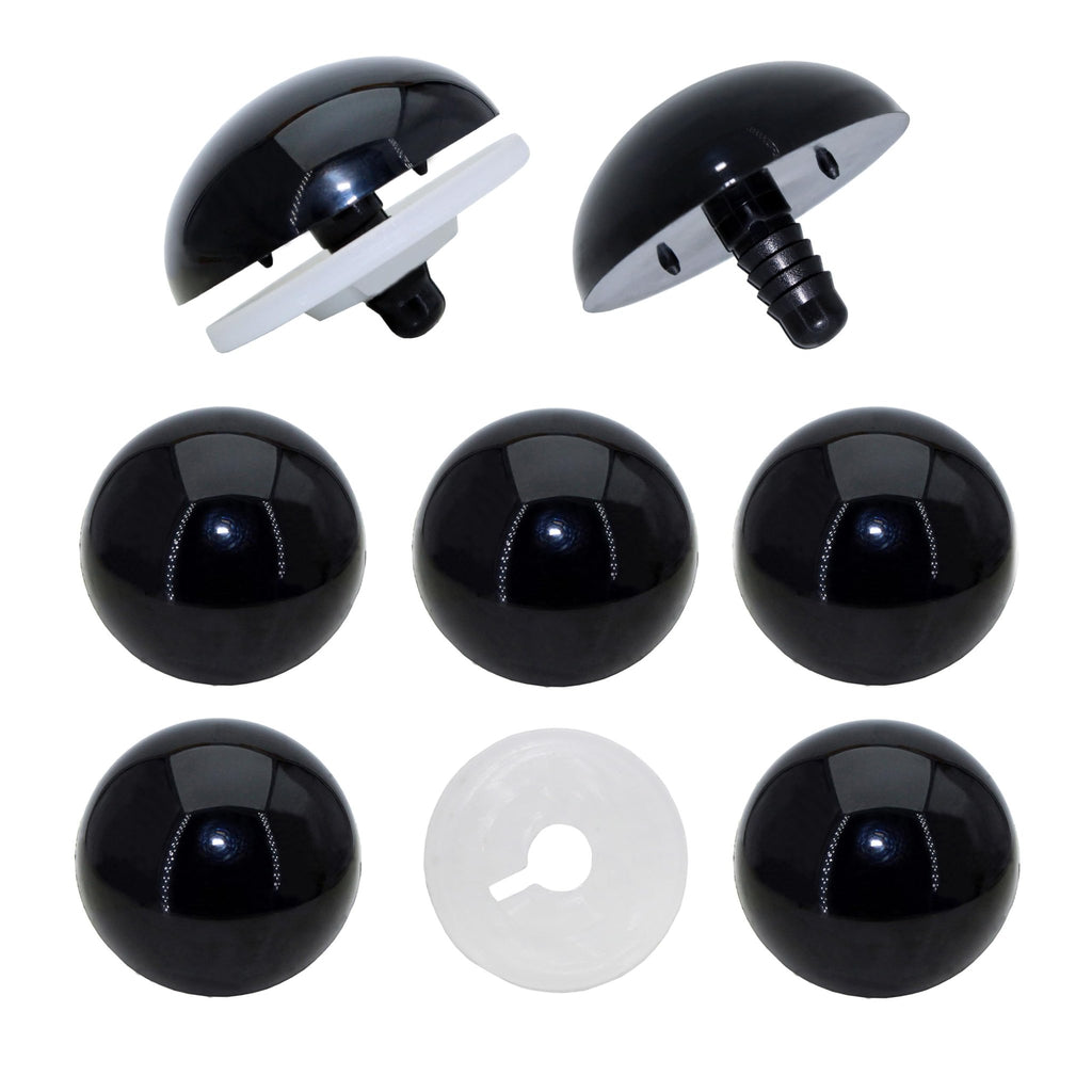 Set of 8 black safety eyes and white washers for amigurumi crochet, shown from multiple angles on a white background.