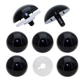 Set of 8 black safety eyes and white washers for amigurumi crochet, shown from multiple angles on a white background.