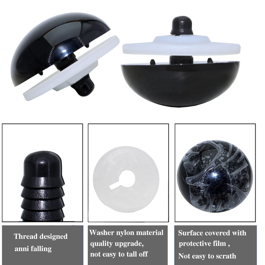 Black safety eyes and white washers for amigurumi crochet, shown from multiple angles and with detail shots of the thread design, washer material, and protective film.