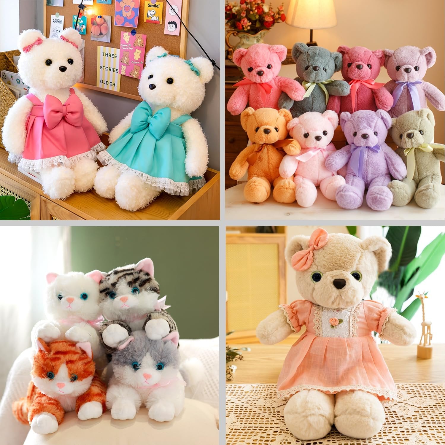Collage of four plush toys: two teddy bears in dresses, a group of colorful teddy bears, and four plush cats.
