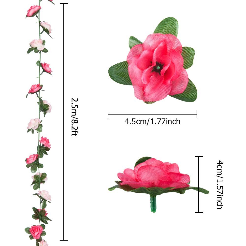 Pink rose flower garland with green leaves, shown with close-ups of individual flowers and their dimensions.