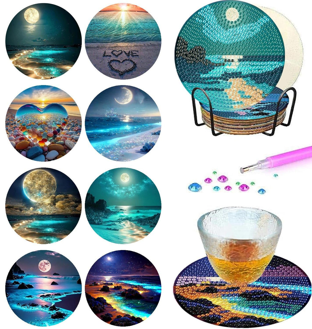 Diamond art coaster kit with eight circular designs, metal holder, and crafting tools.