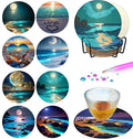 Diamond art coaster kit with eight circular designs, metal holder, and crafting tools.