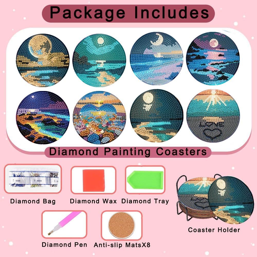 8-piece diamond art coaster kit contents including coasters, diamond bag, wax, tray, pen, anti-slip mats, and holder.