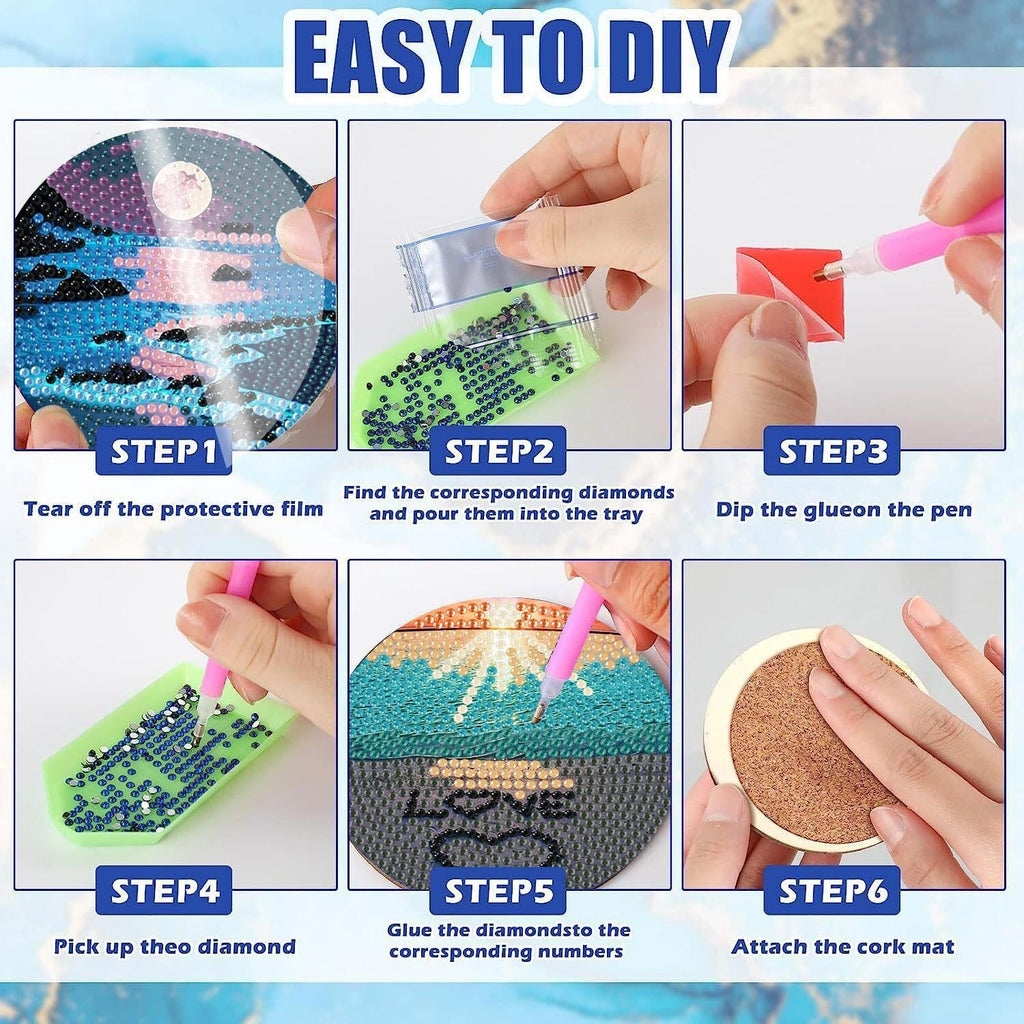 Diamond art coaster kit instructions showing 6 steps: peeling film, pouring diamonds, dipping pen, picking diamond, gluing, and attaching cork mat.