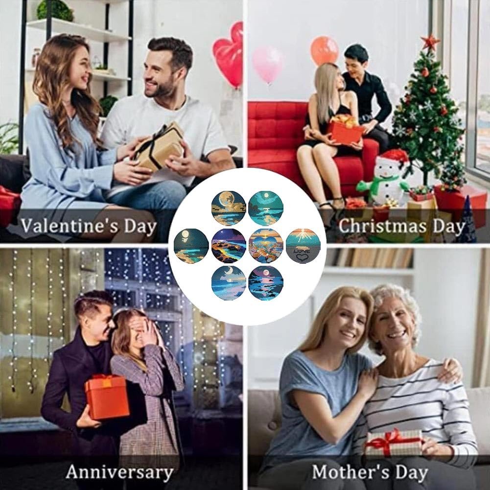 Collage of people celebrating holidays and diamond art coasters with scenic designs.