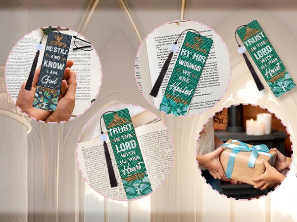 Diamond art bookmarks with Bible verses and tassels, one held by a hand, others on books, and a gift being exchanged.