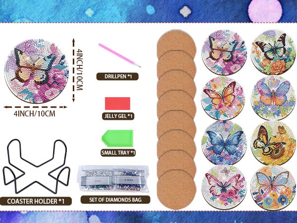 Diamond art coaster kit with 8 butterfly designs, cork bases, drill pen, jelly gel, small tray, and coaster holder.