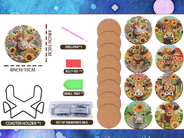Diamond art kit contents including drill pen, jelly gel, small tray, coaster holder, set of diamonds, and multiple finished cow and sunflower coasters.