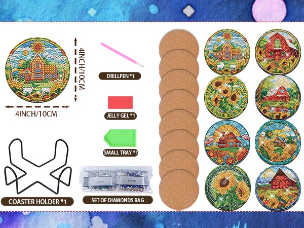 Diamond art coaster kit contents including finished coasters, cork bases, drill pen, jelly gel, small tray, coaster holder, and diamond bags.