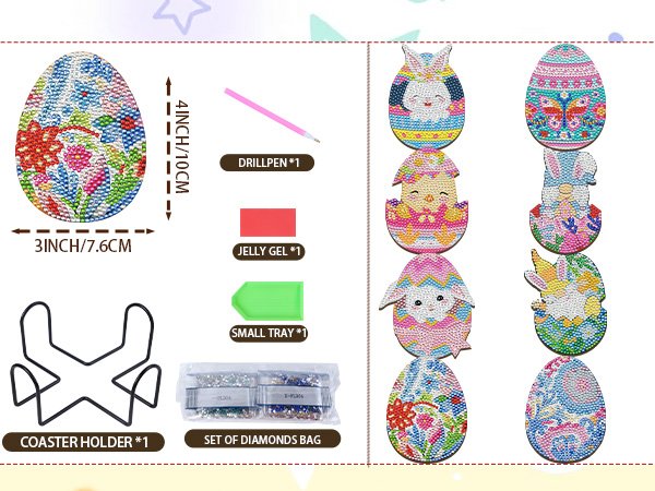 Diamond art Easter egg bookmarks kit contents with drill pen, jelly gel, tray, diamonds, and coaster holder.