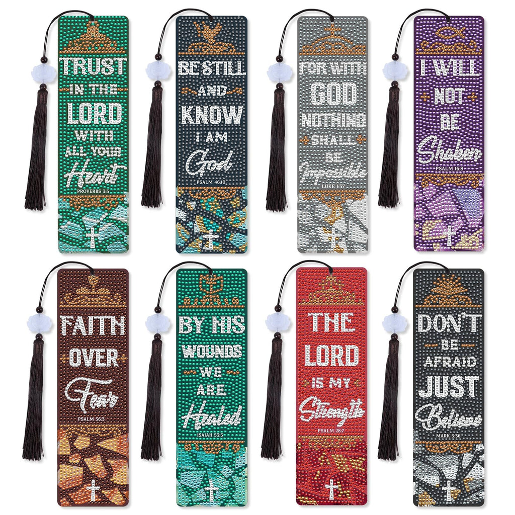 Eight diamond art Bible verse bookmarks with tassels, each featuring a unique scripture and design.