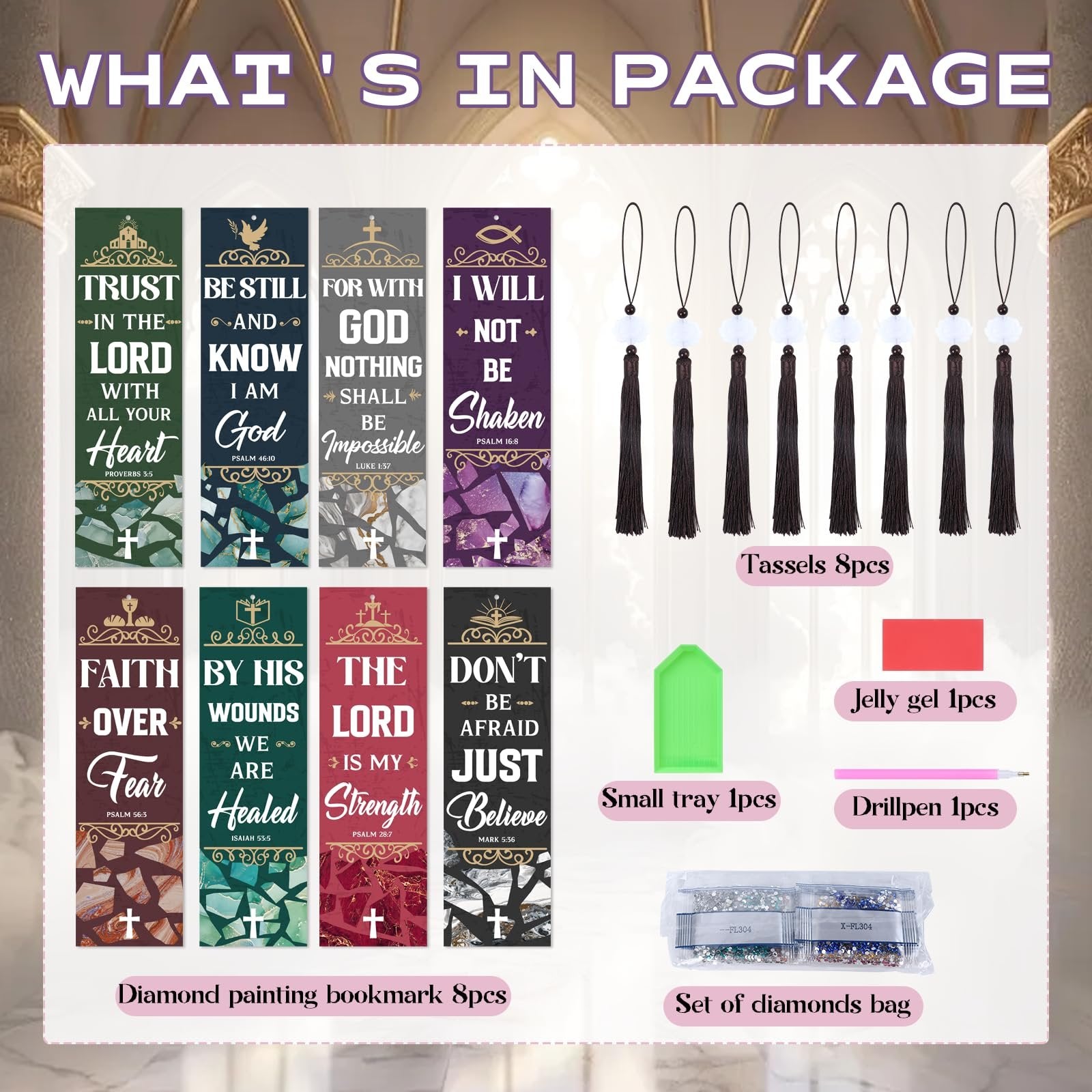 Diamond art bookmark kit contents including 8 bookmarks with Bible verses, 8 tassels, small tray, jelly gel, drill pen, and diamond bags.