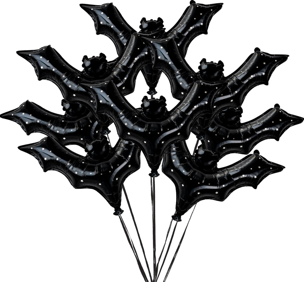 Cluster of eight black bat-shaped foil balloons with white star pattern, tied with black ribbons.