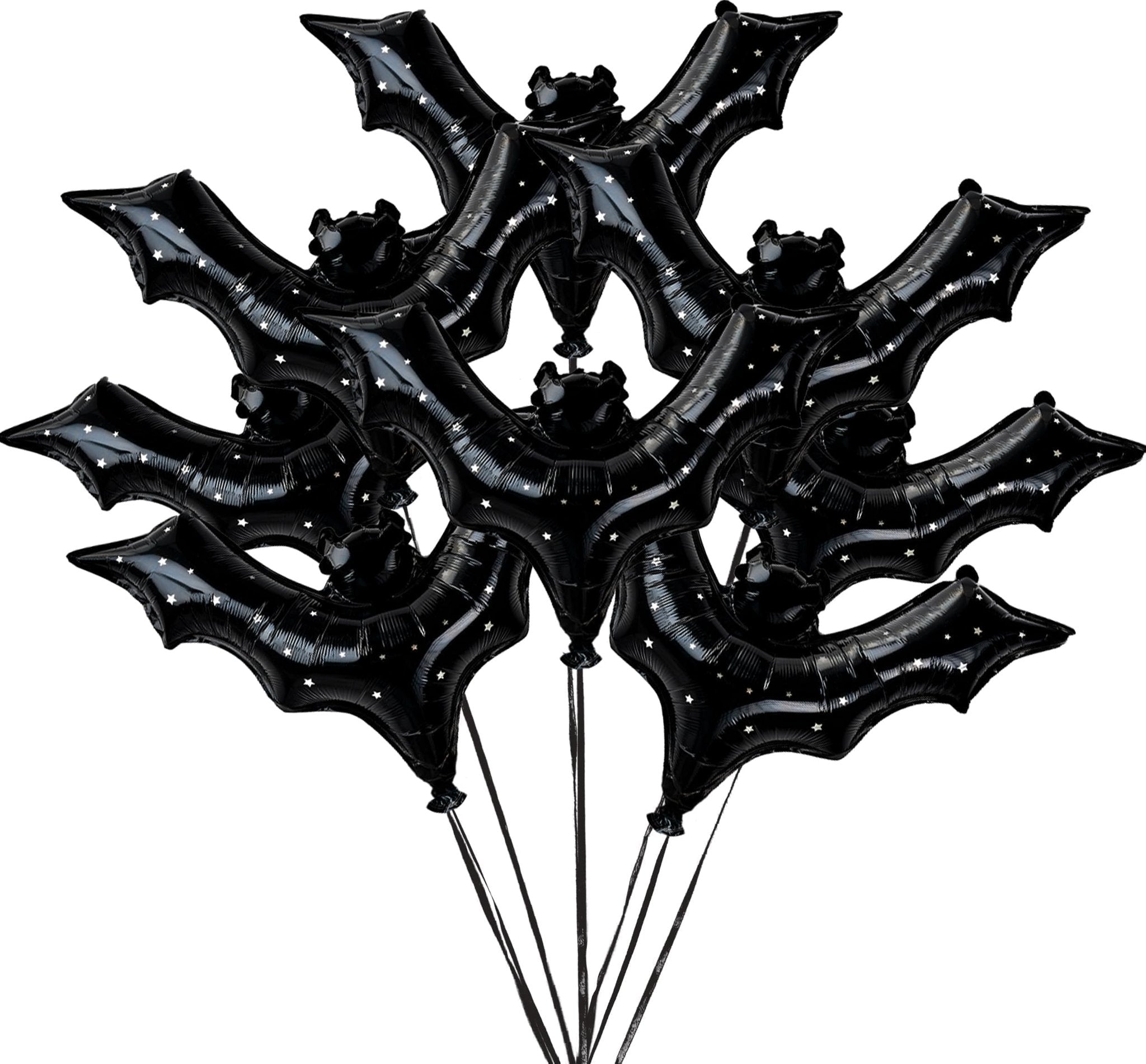 Cluster of eight black bat-shaped foil balloons with white star pattern, tied with black ribbons.