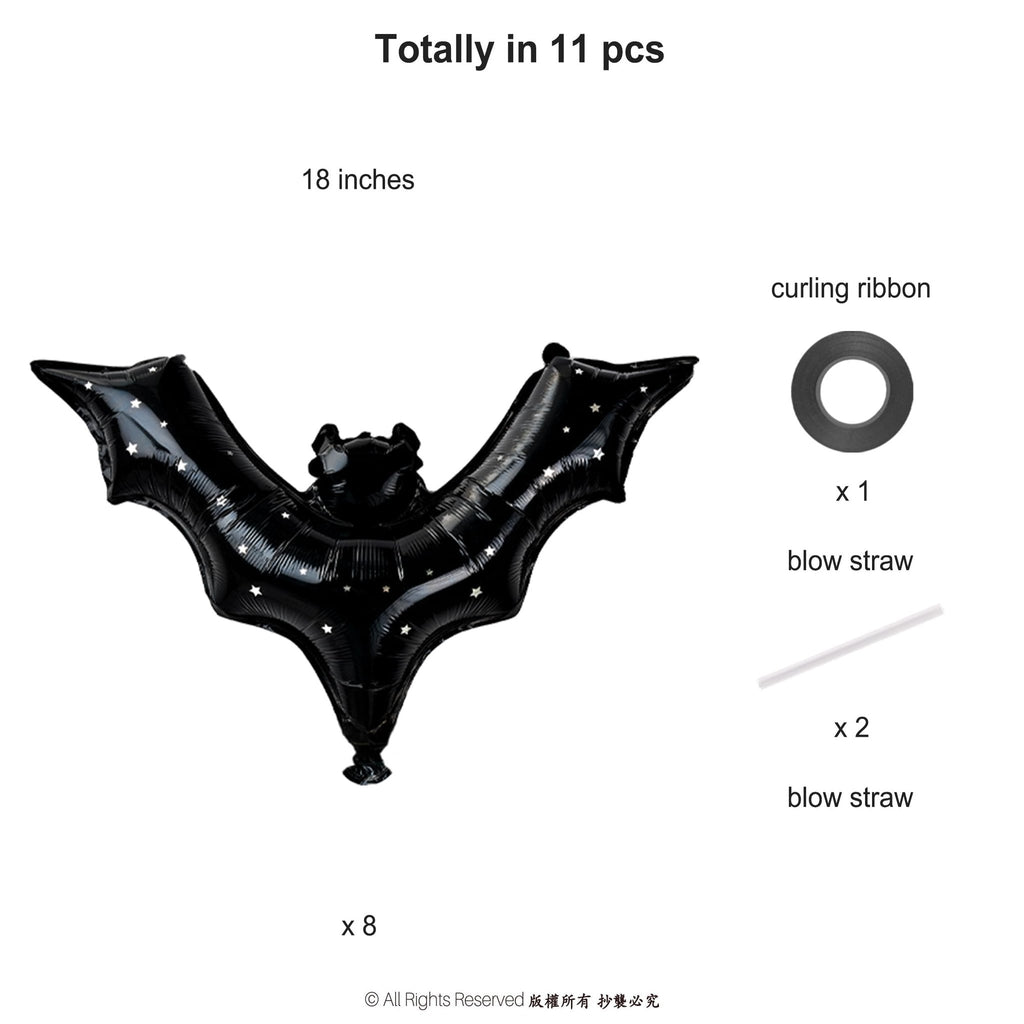 Black bat foil balloon with white stars, curling ribbon, and blow straws for Halloween decor.