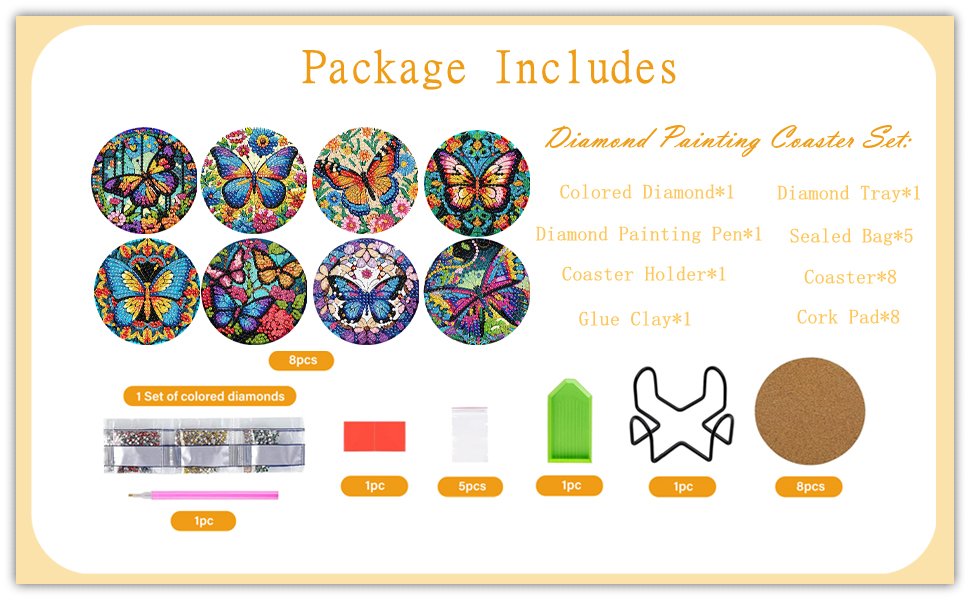 Package contents for a butterfly diamond painting coaster kit, showing coasters, diamonds, pen, tray, and holder.