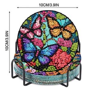 Diamond painting coasters with butterfly design in a black metal holder, showing dimensions 10cm/3.9IN
