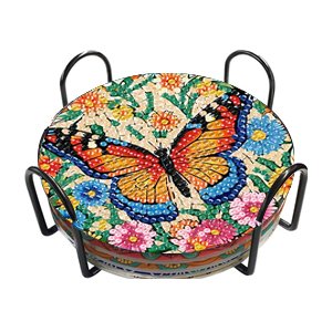 Butterfly diamond painting coasters in a black metal holder, featuring colorful mosaic butterfly and floral designs.