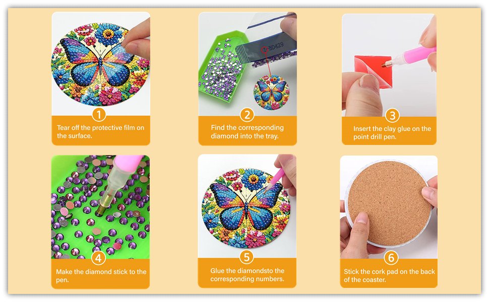 Diamond painting coaster kit instructions showing 6 steps: peeling film, sorting diamonds, applying glue, picking diamonds, placing diamonds, and attaching cork backing.