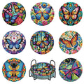 Set of 8 butterfly diamond painting coasters with holder, each coaster features a colorful butterfly design.