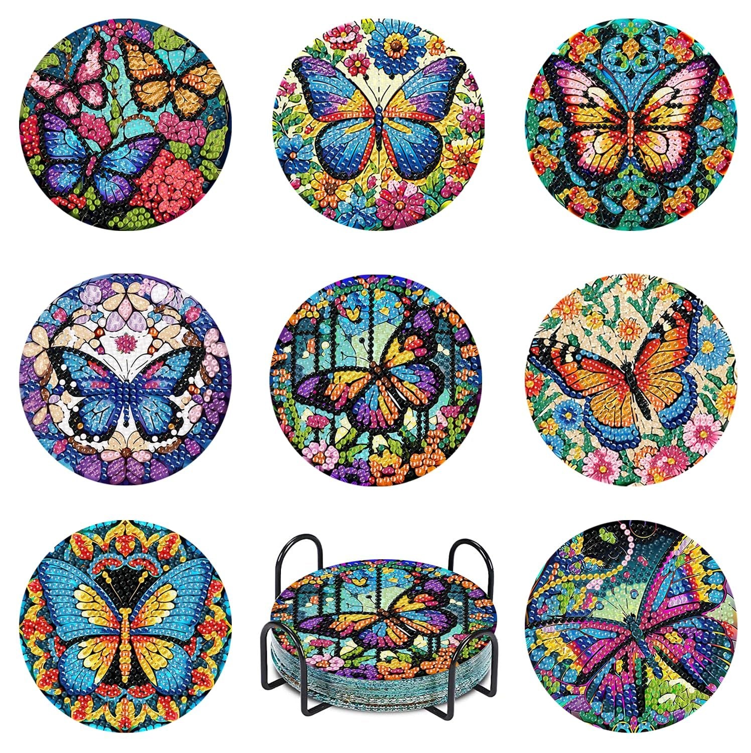 Set of 8 butterfly diamond painting coasters with holder, each coaster features a colorful butterfly design.