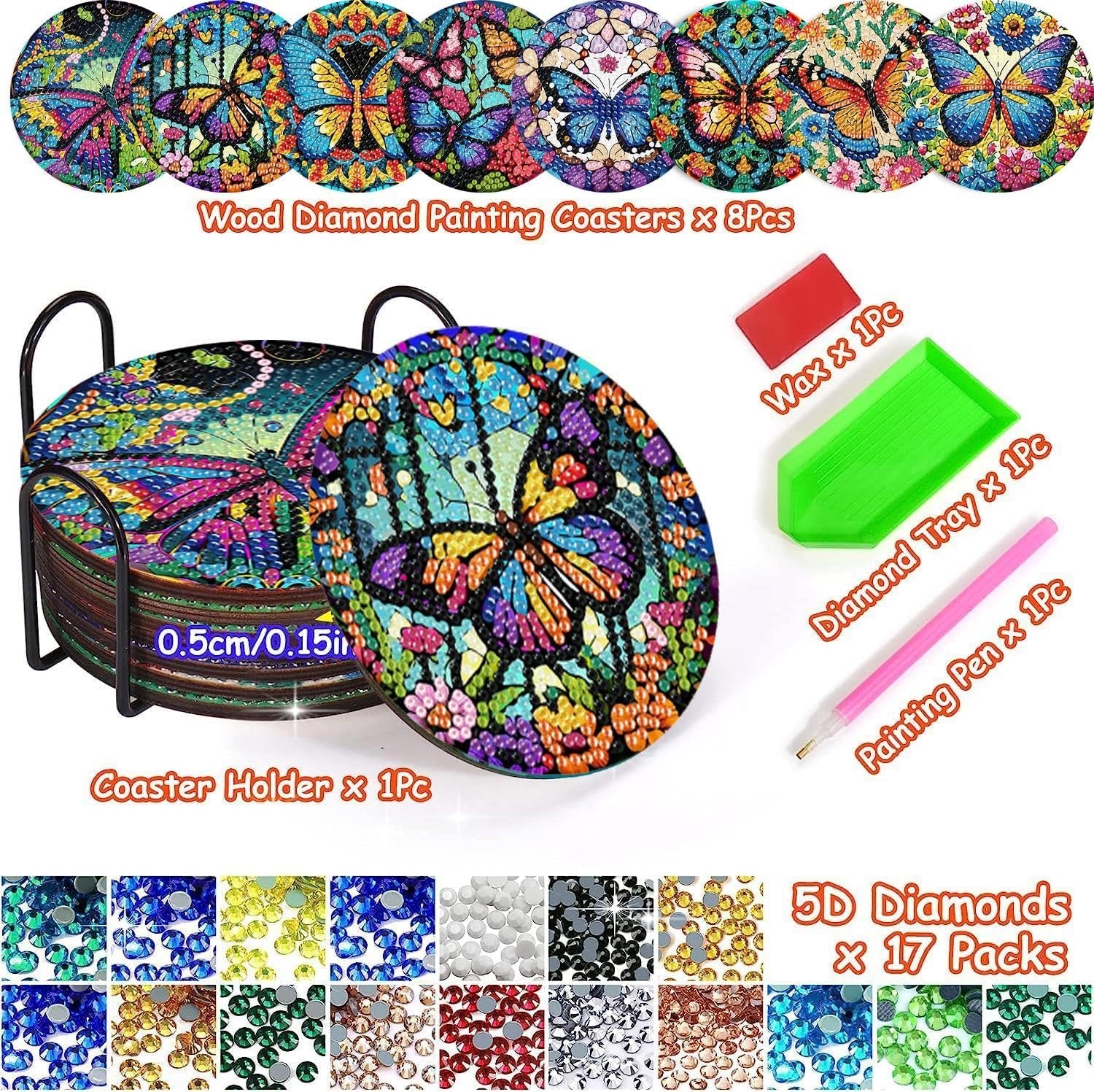 Butterfly diamond painting coaster kit with 8 coasters, holder, wax, tray, pen, and 17 packs of diamonds.