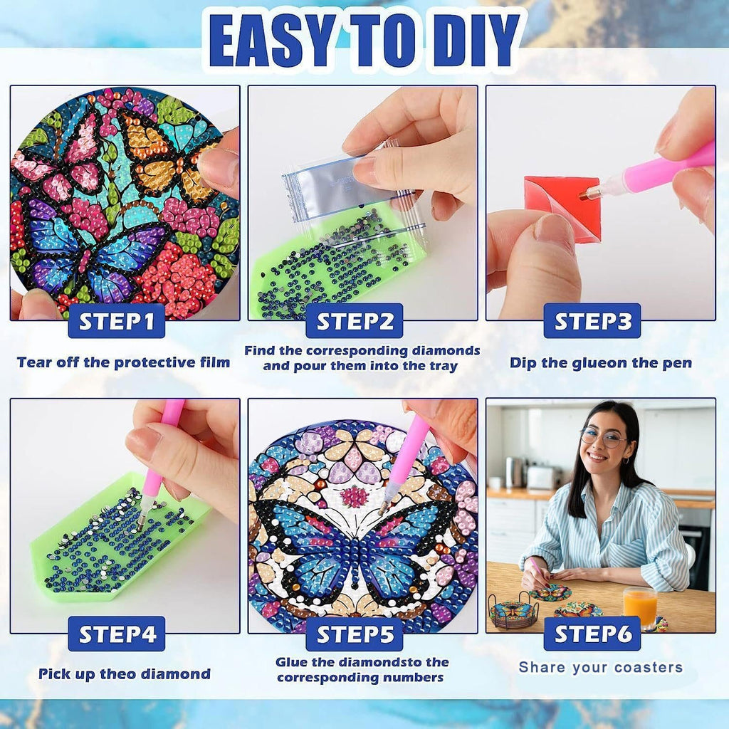 Butterfly diamond painting coaster kit instructions showing 6 steps from peeling film to sharing finished coasters.