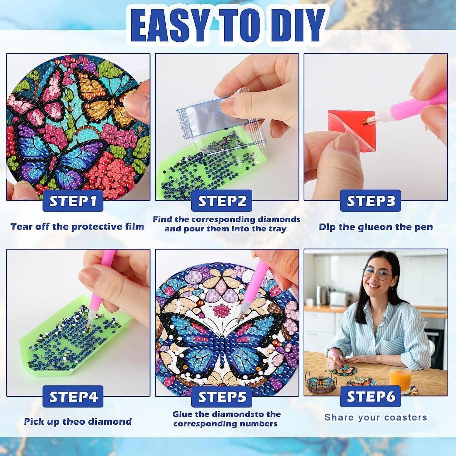Butterfly diamond painting coaster kit instructions showing 6 steps from peeling film to sharing finished coasters.